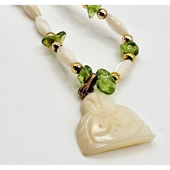 Mother of Pearl Tourmaline Carved Buddha Pendant Necklace 17in - Picture 1 of 6